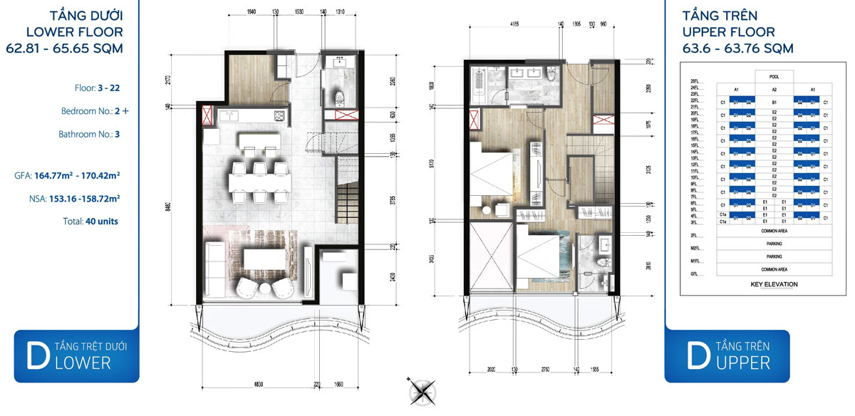 Mẫu thiết kế 2 phòng ngủ Duplex dự án Waterina Suites quận 2
